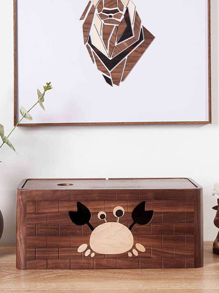 Black Walnut Wooden Desktop Socket Power Cord Storage Box,Crab Pattern Design