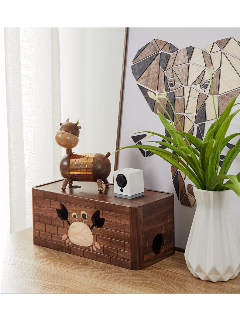 Black Walnut Wooden Desktop Socket Power Cord Storage Box,Crab Pattern Design