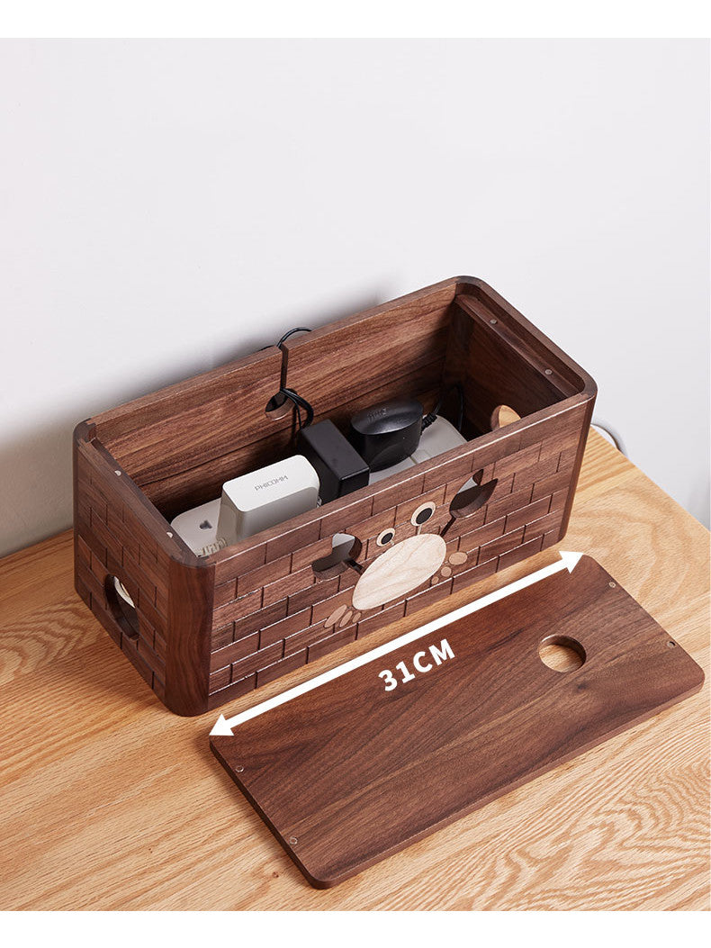 Black Walnut Wooden Desktop Socket Power Cord Storage Box,Crab Pattern Design