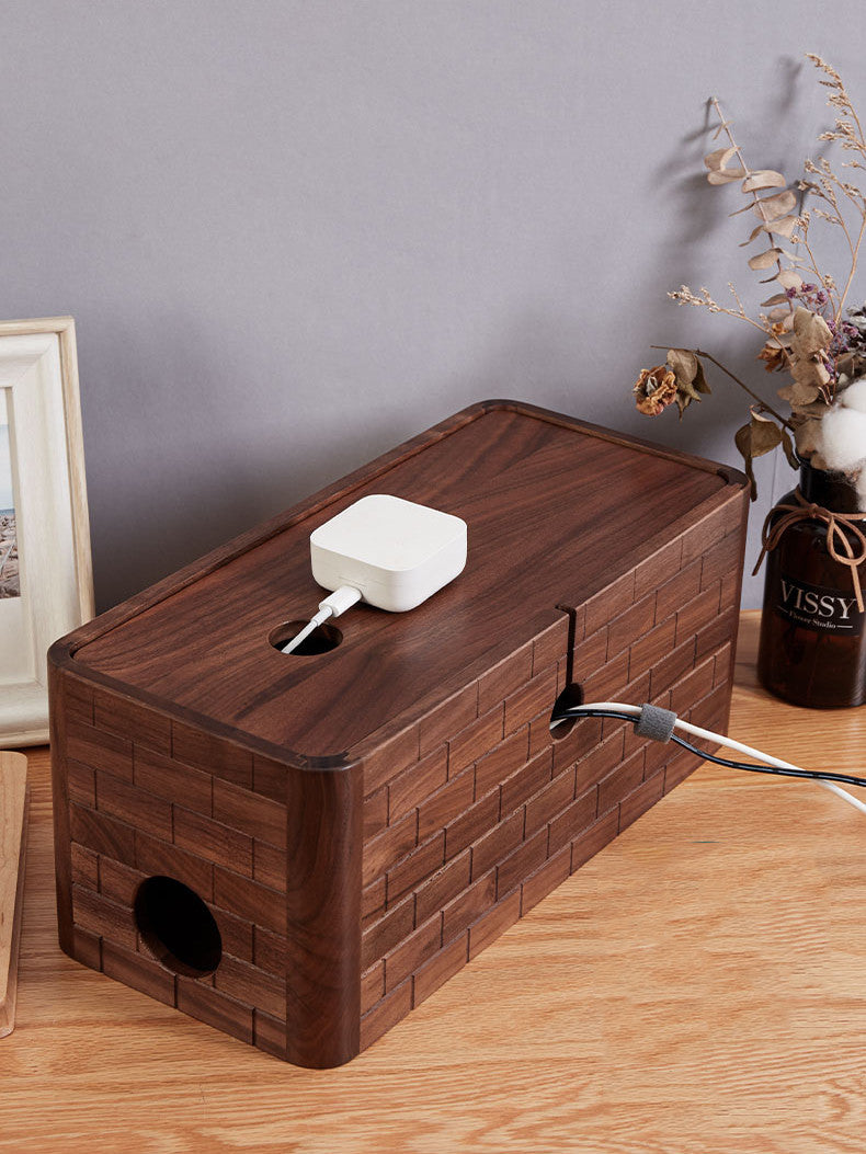 Black Walnut Wooden Desktop Socket Power Cord Storage Box,Crab Pattern Design