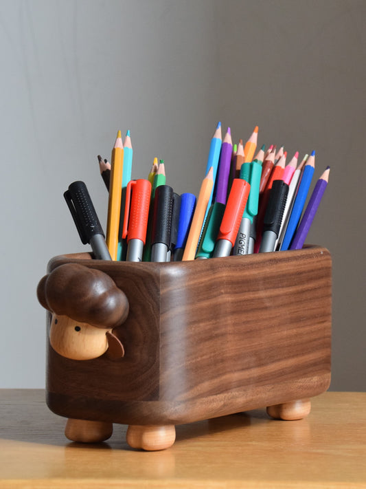 Black Walnut Wooden Sheep Storage Box - Desktop Organizer Pen Holder