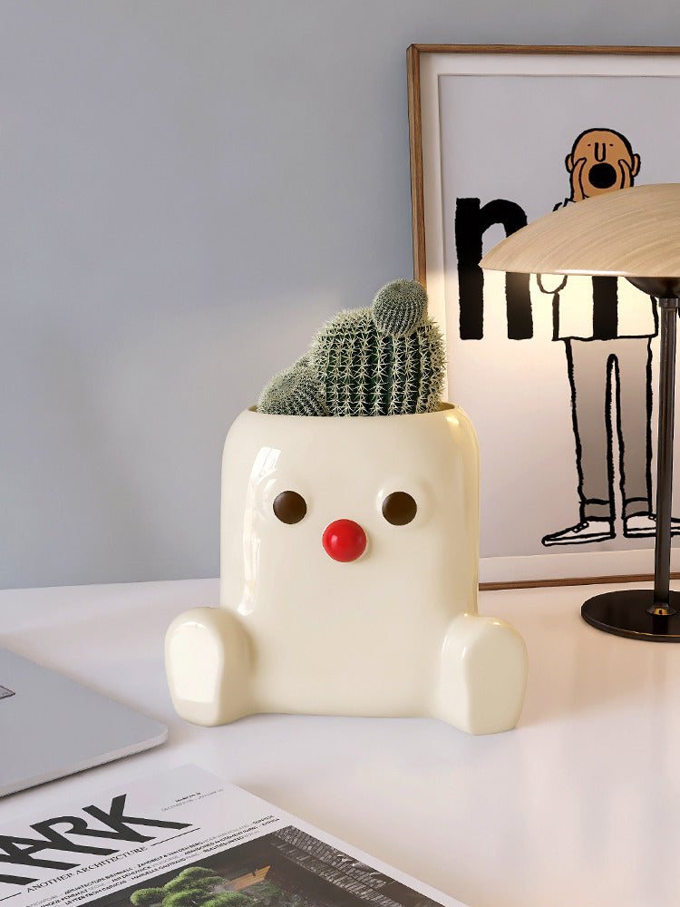 Ceramic Red-Nose Cartoon Planter: Cute Office Pen Holder