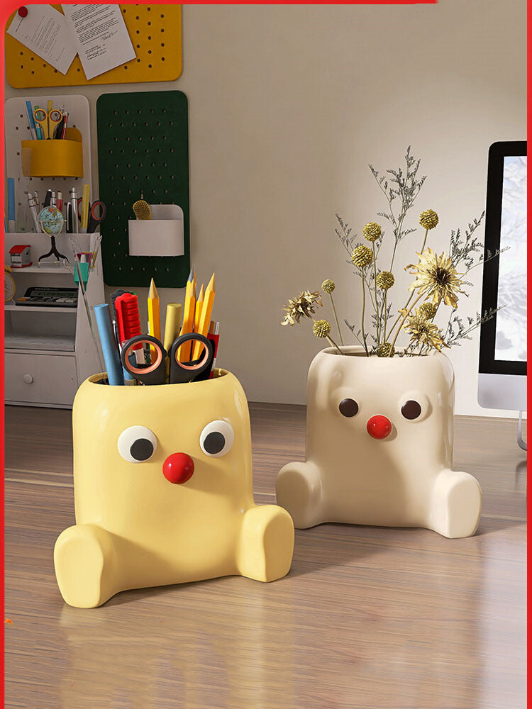 Ceramic Red-Nose Cartoon Planter: Cute Office Pen Holder