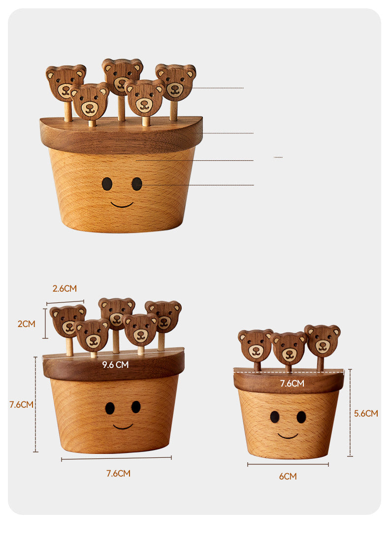 Charming Wooden Bear Fruit Forks with Smiley Face Stand,Fridge Magnets