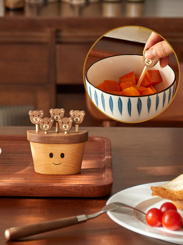 Charming Wooden Bear Fruit Forks with Smiley Face Stand,Fridge Magnets