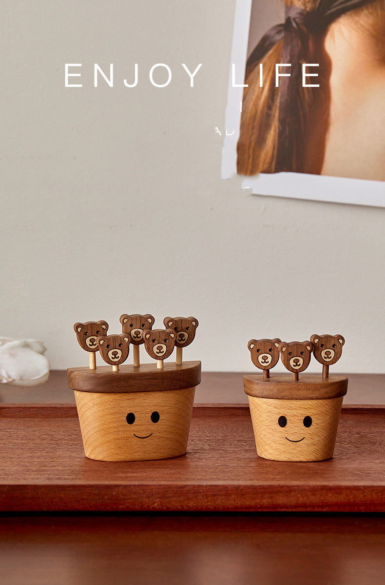 Charming Wooden Bear Fruit Forks with Smiley Face Stand,Fridge Magnets