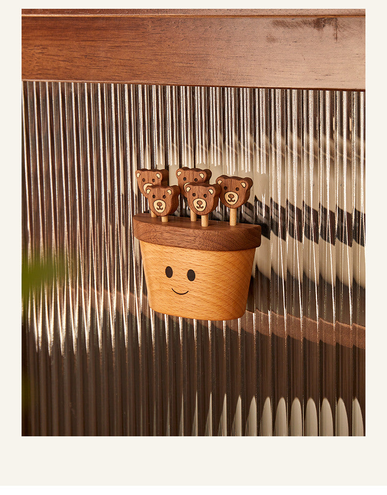 Charming Wooden Bear Fruit Forks with Smiley Face Stand,Fridge Magnets