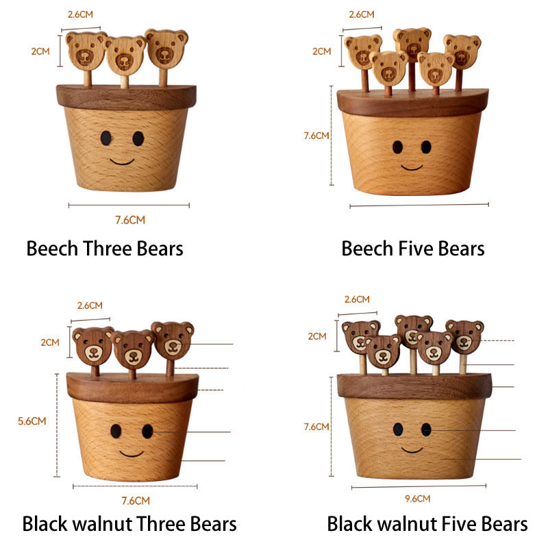 Charming Wooden Bear Fruit Forks with Smiley Face Stand,Fridge Magnets