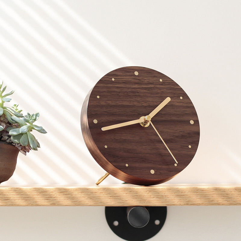 Classic Black Walnut Art Round Desk Clock with Brass Hands