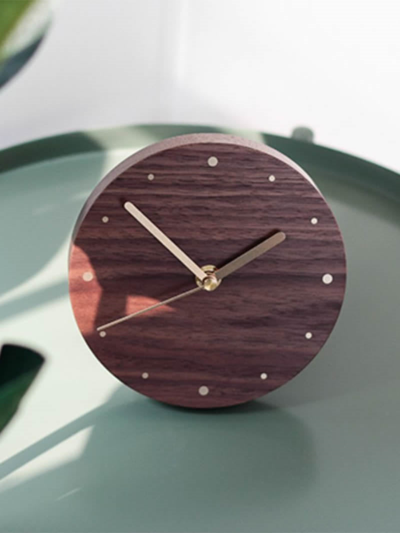 Classic Black Walnut Art Round Desk Clock with Brass Hands