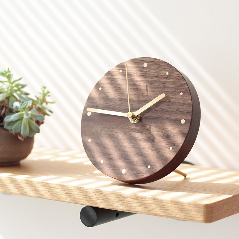 Classic Black Walnut Art Round Desk Clock with Brass Hands