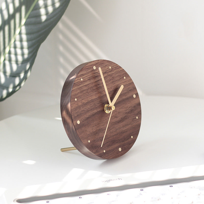 Classic Black Walnut Art Round Desk Clock with Brass Hands