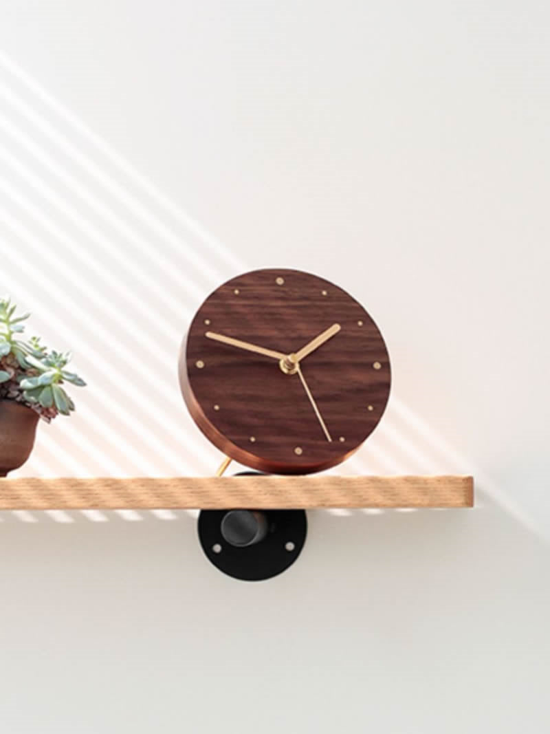 Classic Black Walnut Art Round Desk Clock with Brass Hands