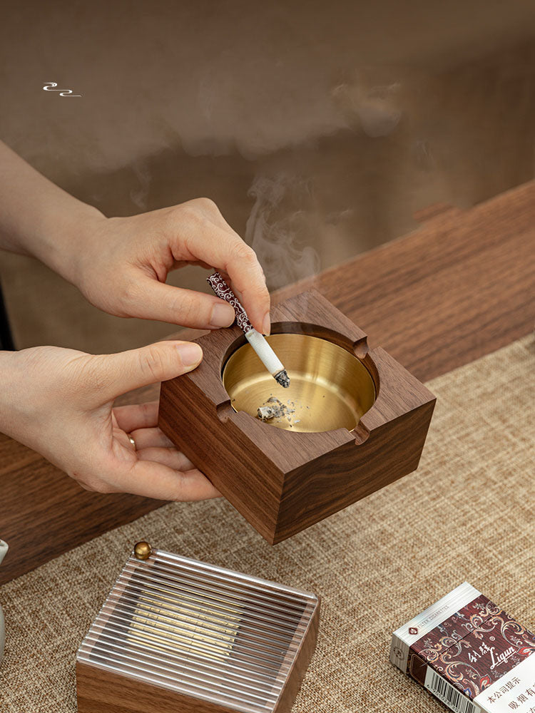 Classic Black Walnut Ashtray With Magnetic Absorption Box, Creative Gift