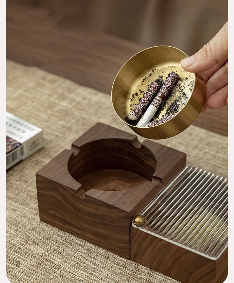 Classic Black Walnut Ashtray With Magnetic Absorption Box, Creative Gift