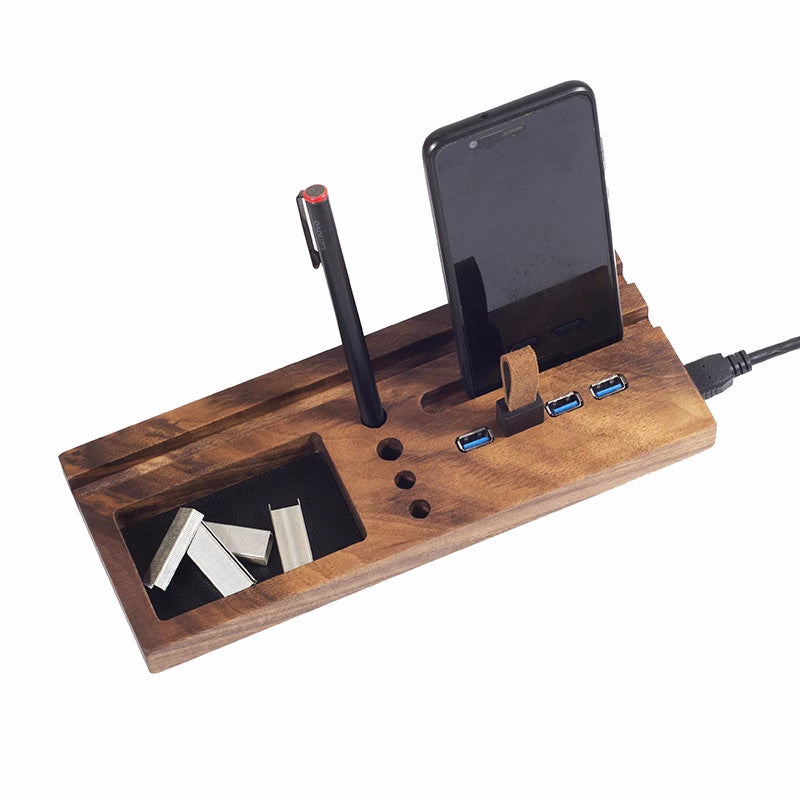 Classic Black Walnut Ipad Stand, Wooden Organization Pen Holder, Usb Hub