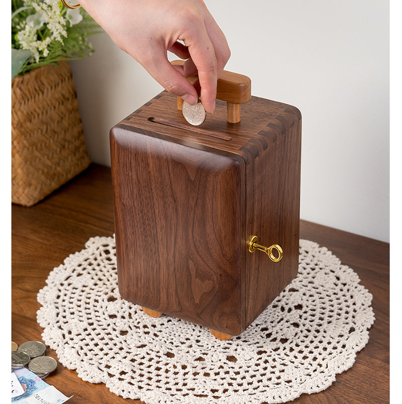 Classic Black Walnut Trolley Case Piggy Bank, A Fun Wooden Gift