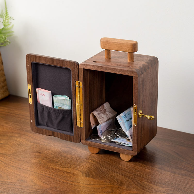 Classic Black Walnut Trolley Case Piggy Bank, A Fun Wooden Gift