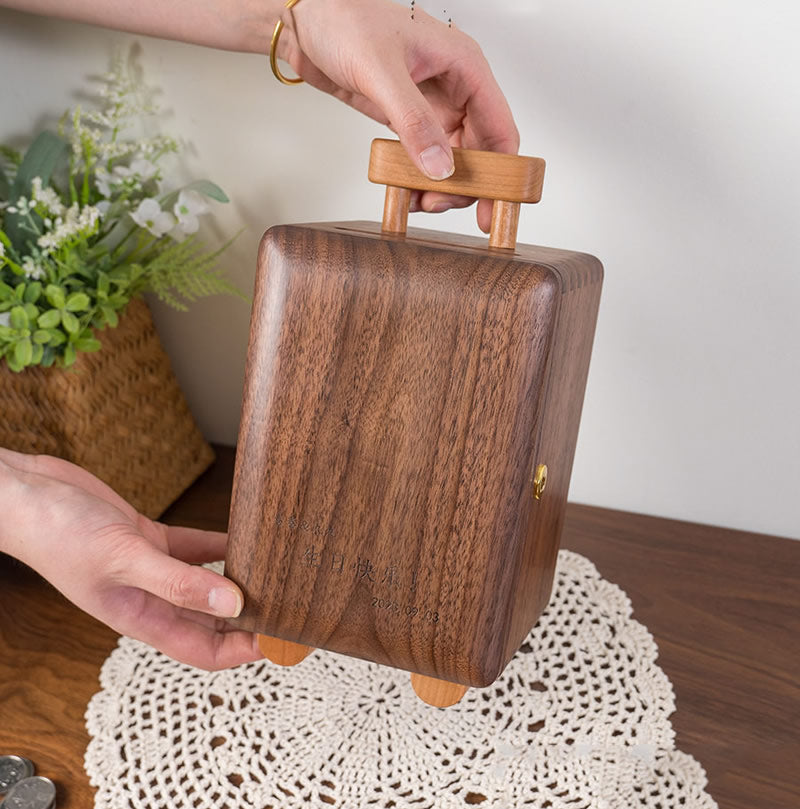 Classic Black Walnut Trolley Case Piggy Bank, A Fun Wooden Gift