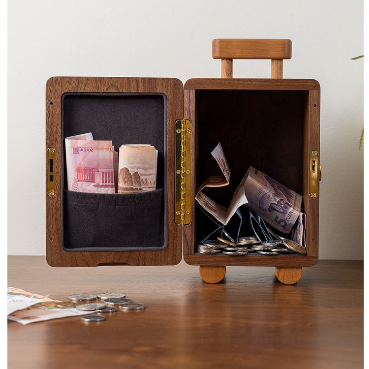 Classic Black Walnut Trolley Case Piggy Bank, A Fun Wooden Gift