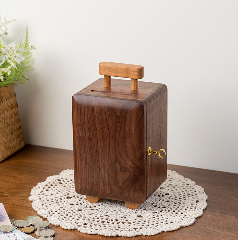 Classic Black Walnut Trolley Case Piggy Bank, A Fun Wooden Gift