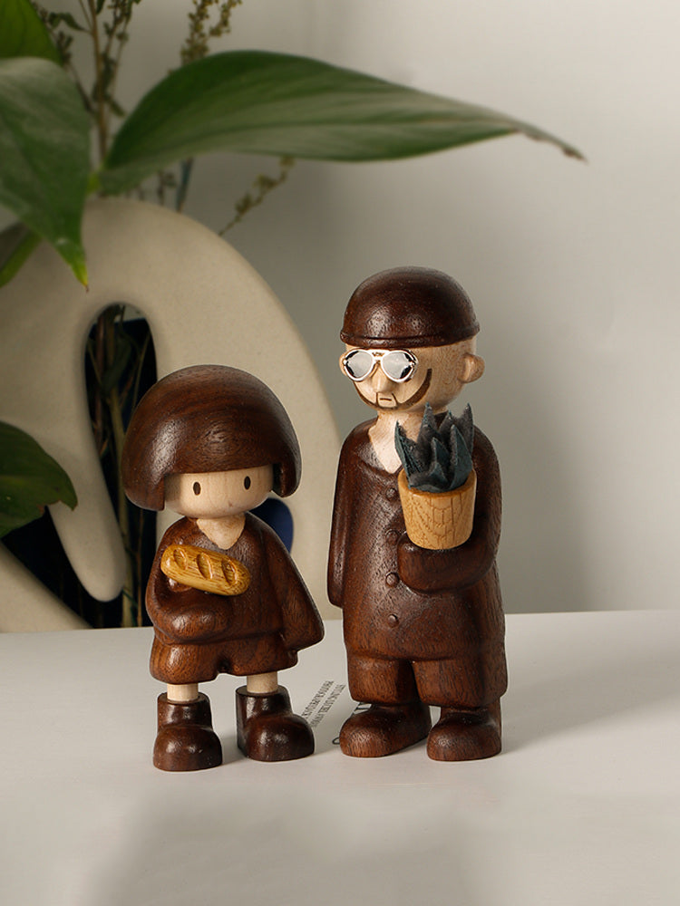 Classic Black Walnut Wood Statue of Uncle and Little Girl