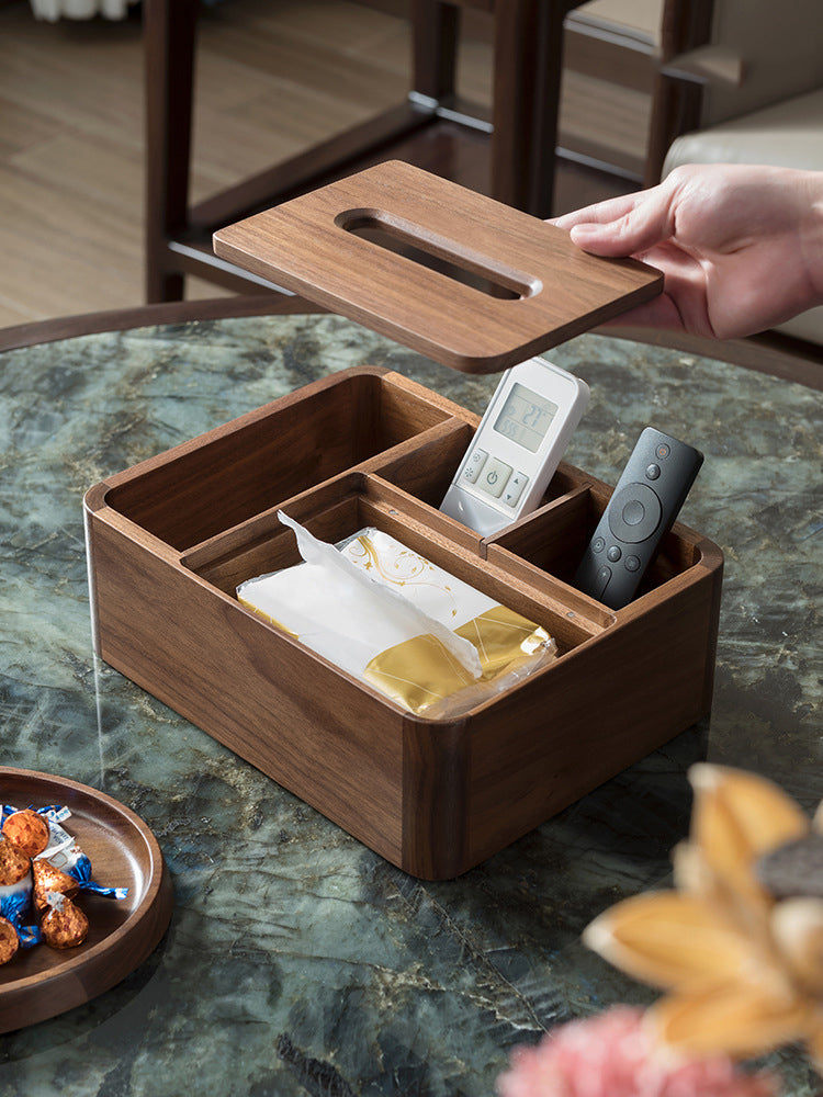 Classic Black Walnut Wooden Organizer - Tissue Box and Remote Holder