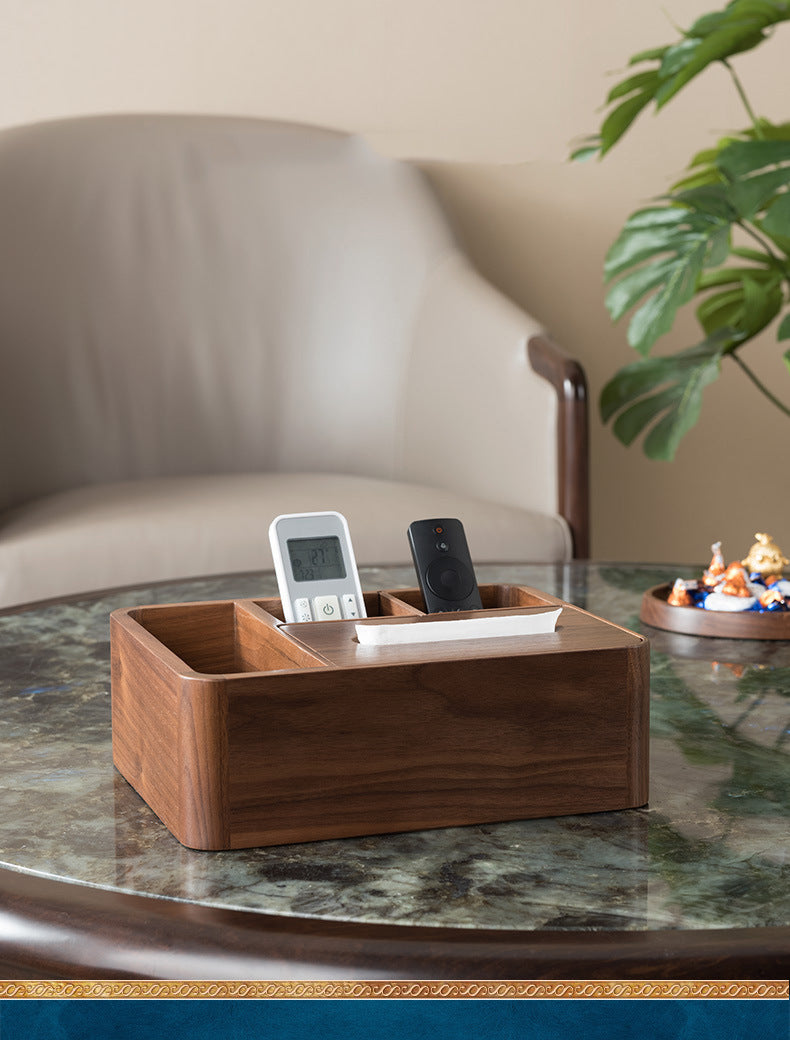 Classic Black Walnut Wooden Organizer - Tissue Box and Remote Holder