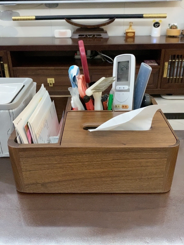 Classic Black Walnut Wooden Organizer - Tissue Box and Remote Holder