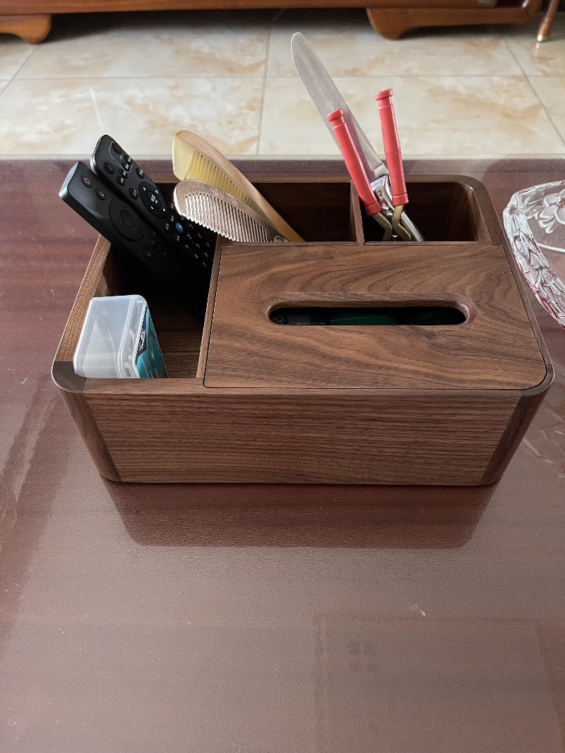 Classic Black Walnut Wooden Organizer - Tissue Box and Remote Holder