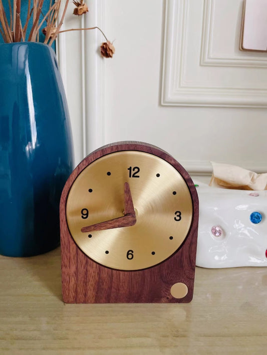 Classic Brass Wood Desktop Silent Clock,Black Walnut Design Art