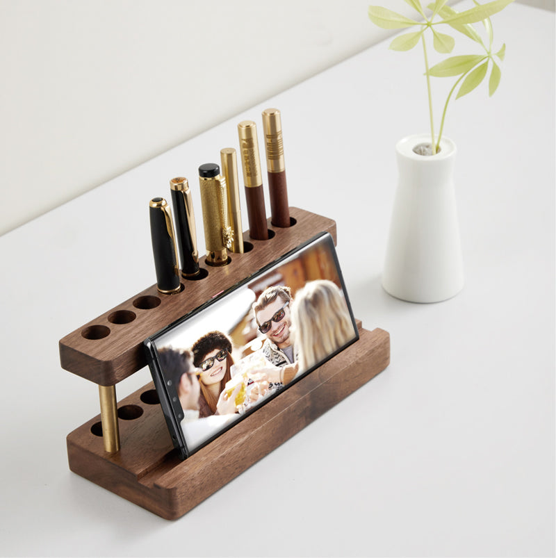 Classic Design Wooden Porous Pen Holder With Phone Holder, iPad Stand