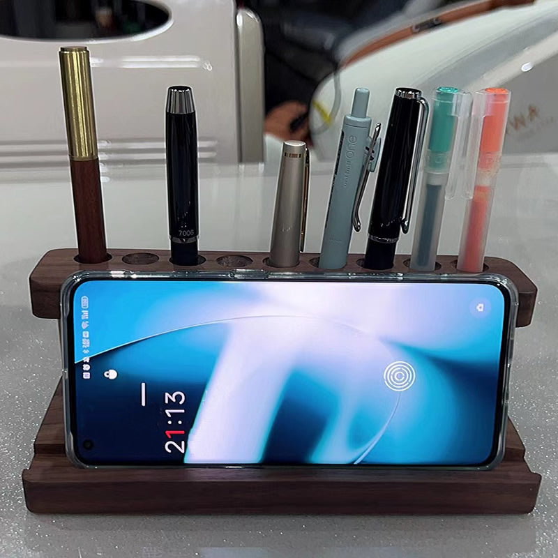 Classic Design Wooden Porous Pen Holder With Phone Holder, iPad Stand