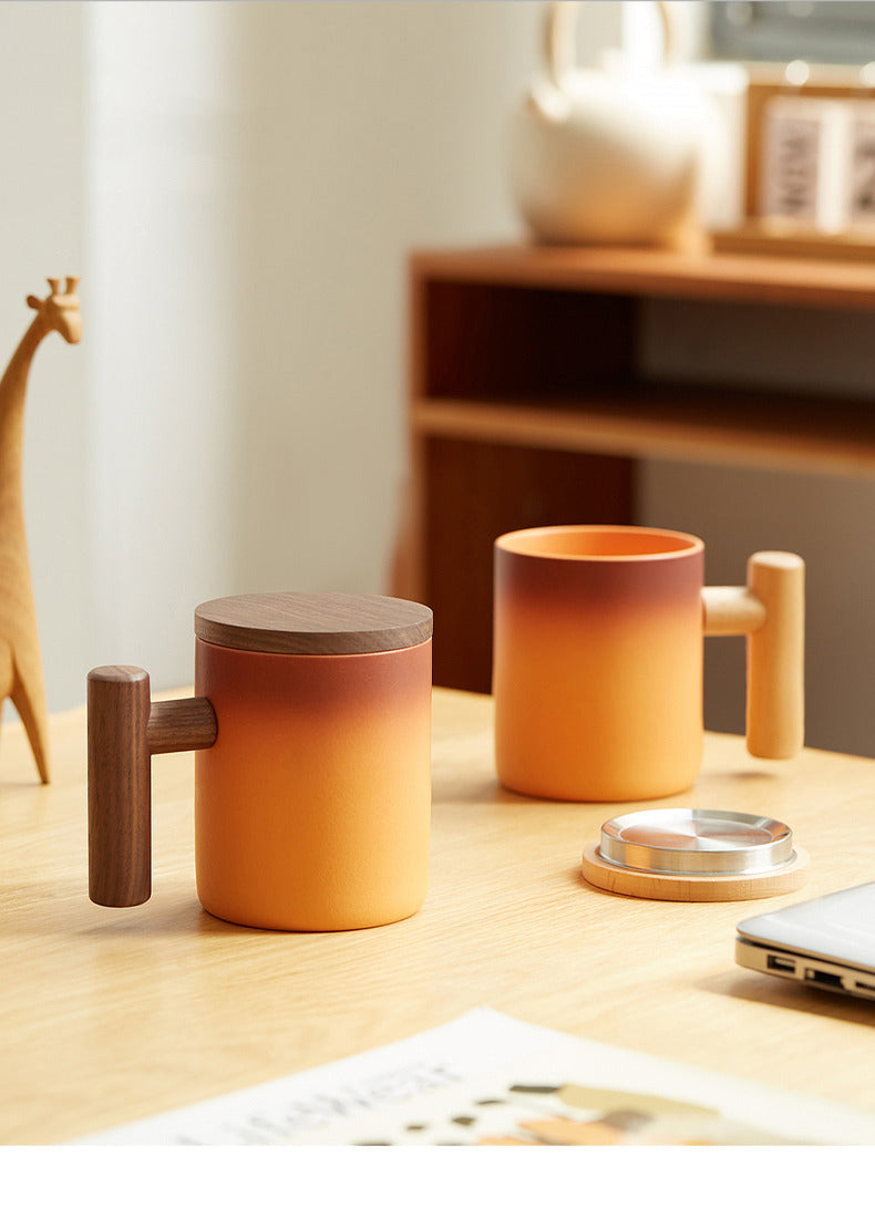 Classic Gradient Ceramic Mug with Wooden Handle - Artistic Elegant Drinkware