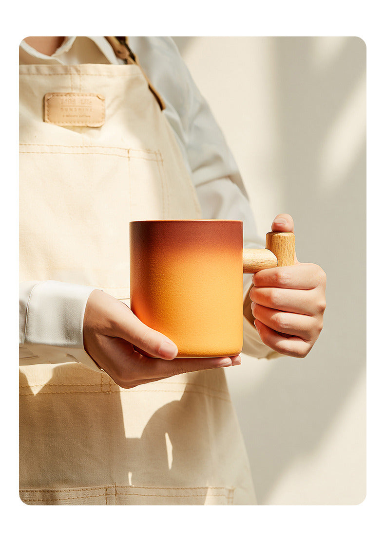 Classic Gradient Ceramic Mug with Wooden Handle - Artistic Elegant Drinkware