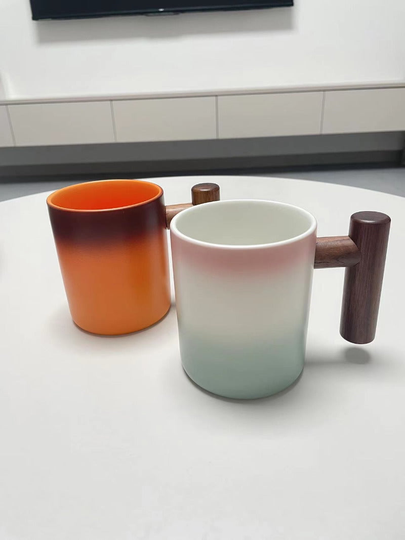 Classic Gradient Ceramic Mug with Wooden Handle - Artistic Elegant Drinkware