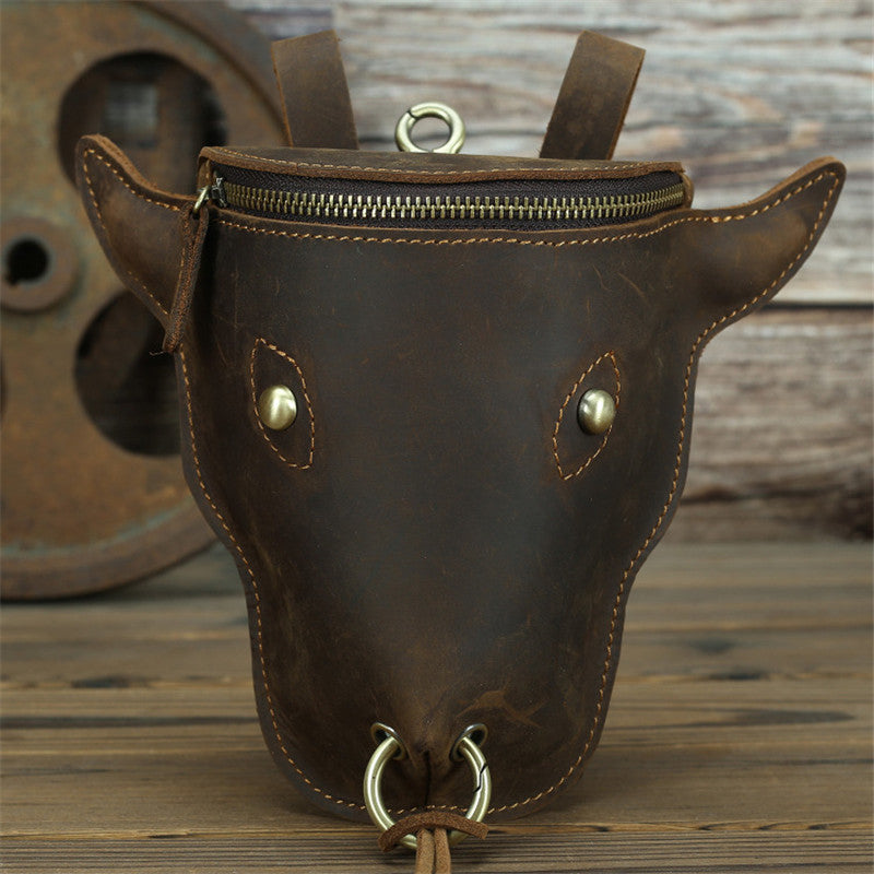 Classic Handmade Cowhide Leather Bull Belt Bag, Motorcycle Fanny Pack