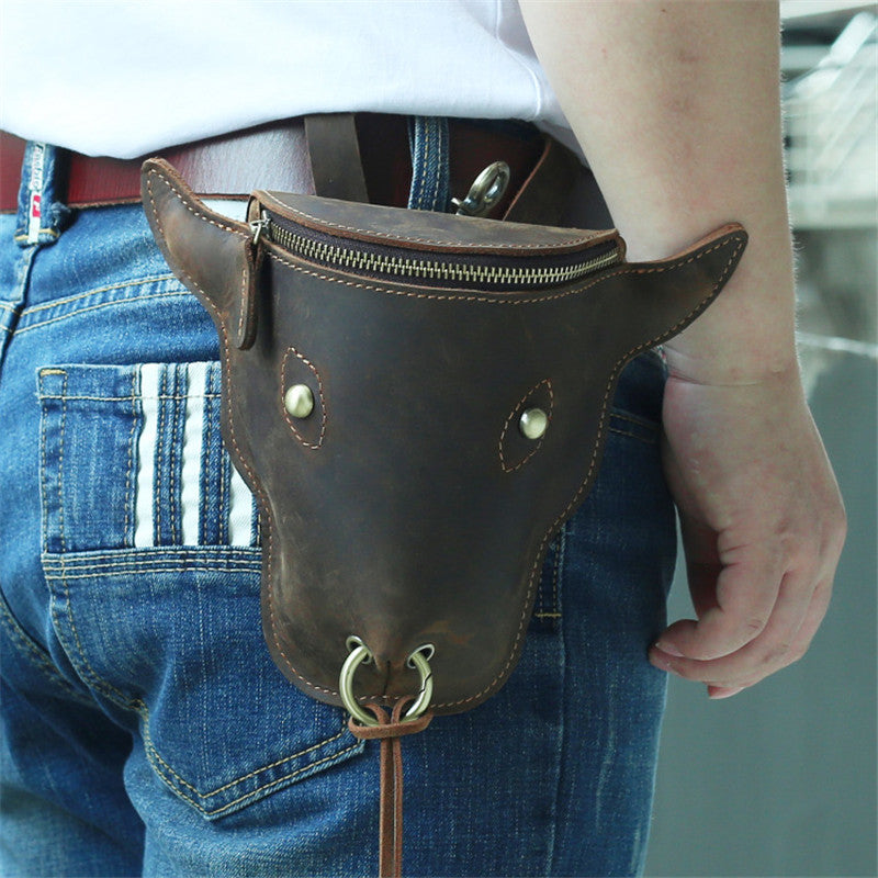 Classic Handmade Cowhide Leather Bull Belt Bag, Motorcycle Fanny Pack