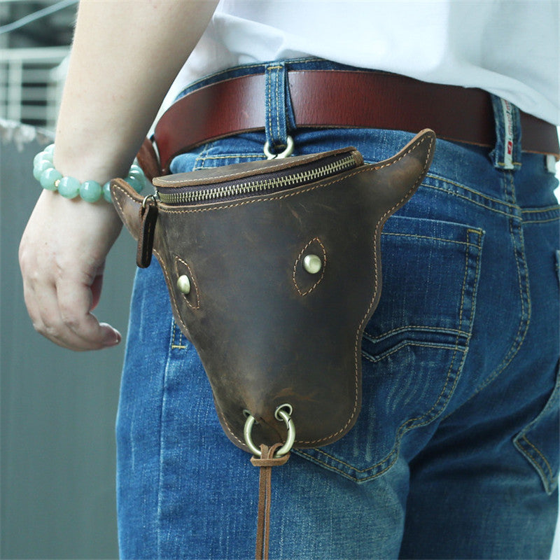 Classic Handmade Cowhide Leather Bull Belt Bag, Motorcycle Fanny Pack