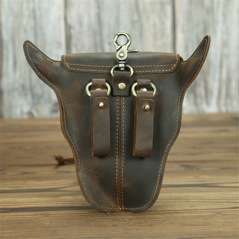 Classic Handmade Cowhide Leather Bull Belt Bag, Motorcycle Fanny Pack