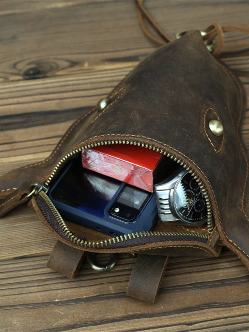 Classic Handmade Cowhide Leather Bull Belt Bag, Motorcycle Fanny Pack