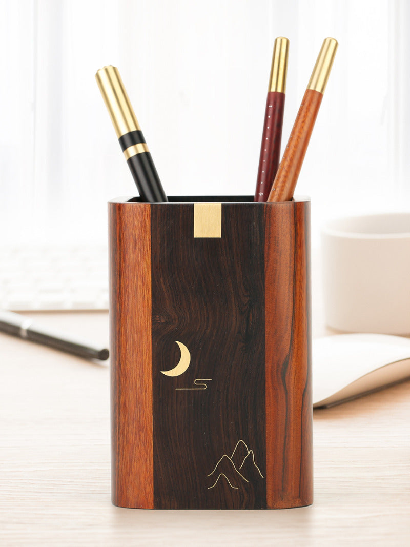 Classic Redwood moon pattern pen holder, office wood storage