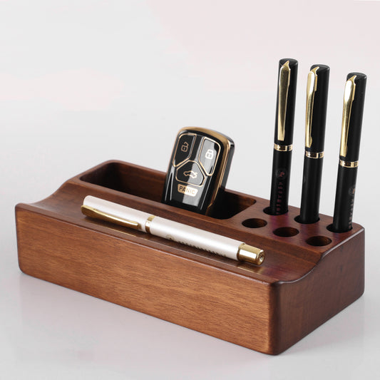 Classic Wooden Desktop Organizer Pen Holder - 6 Pen Slots and Small Storage Box