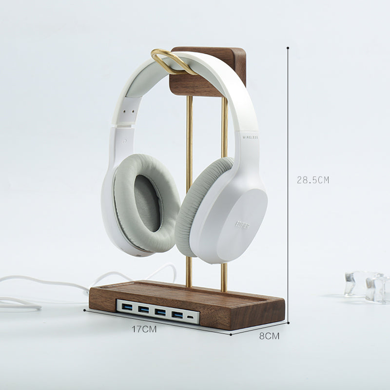 Classic Wooden Headphone Stand, Storage Tray, Hub Expansion