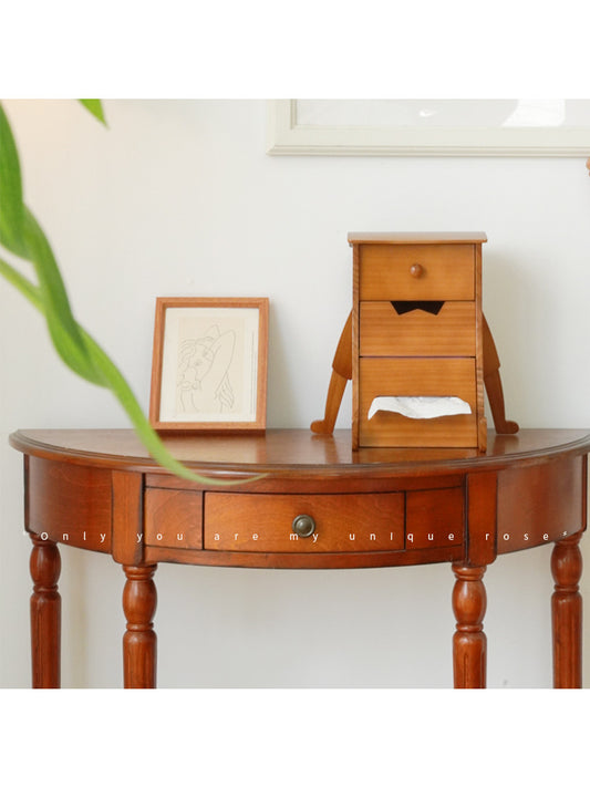 Classic Wooden Robot-Shaped Tissue Box With Drawer Storage Box