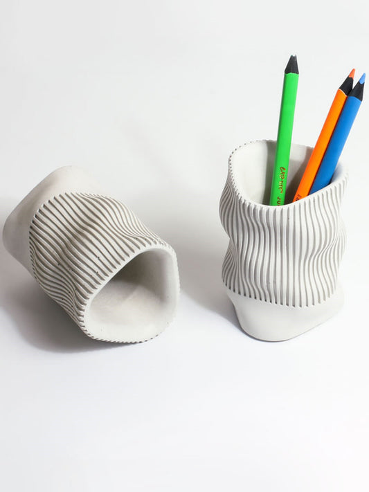 Concrete Pen Holder with Abstract Irregular Design: Unique Office Organizer