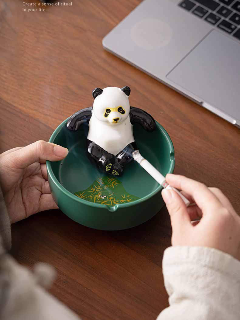 Cozy Panda Ceramic Ashtray,Small Office Desk Decoration