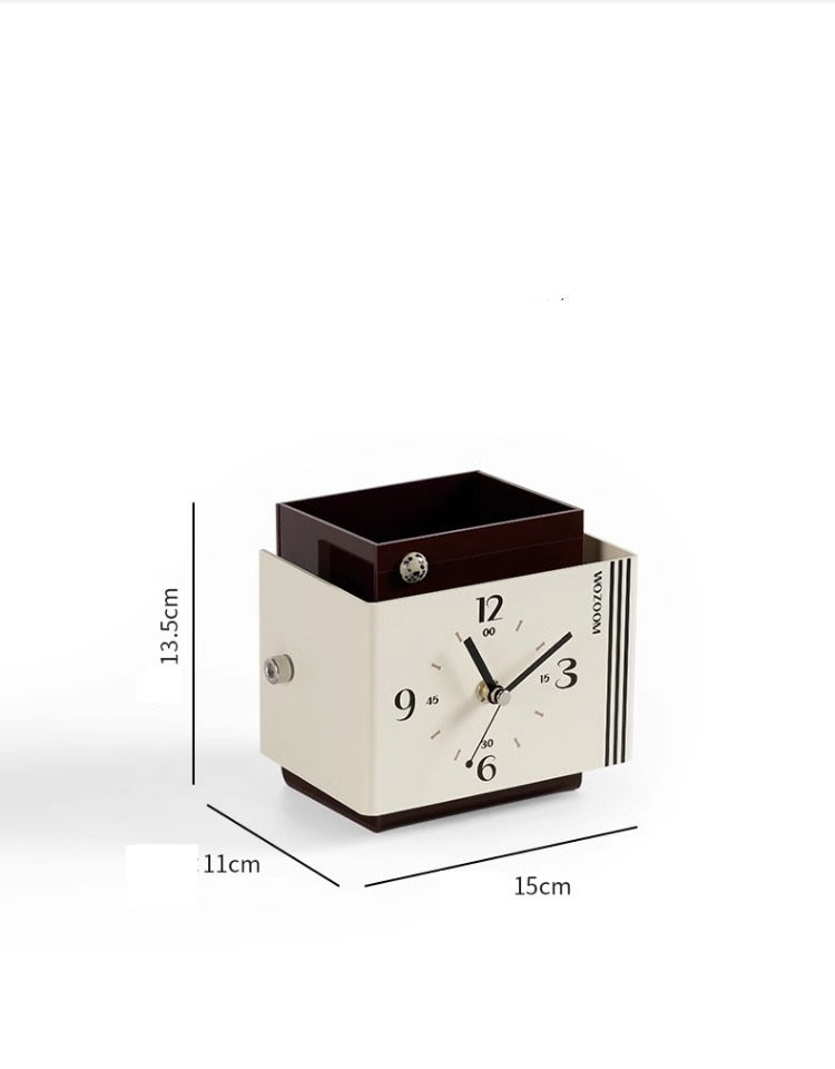 Creative art style clock with pen holder function