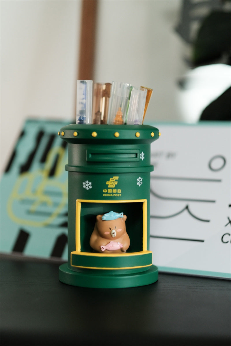 Creative Chinese Green Postal Mailbox Pen Holder: Unique Desk Organizer