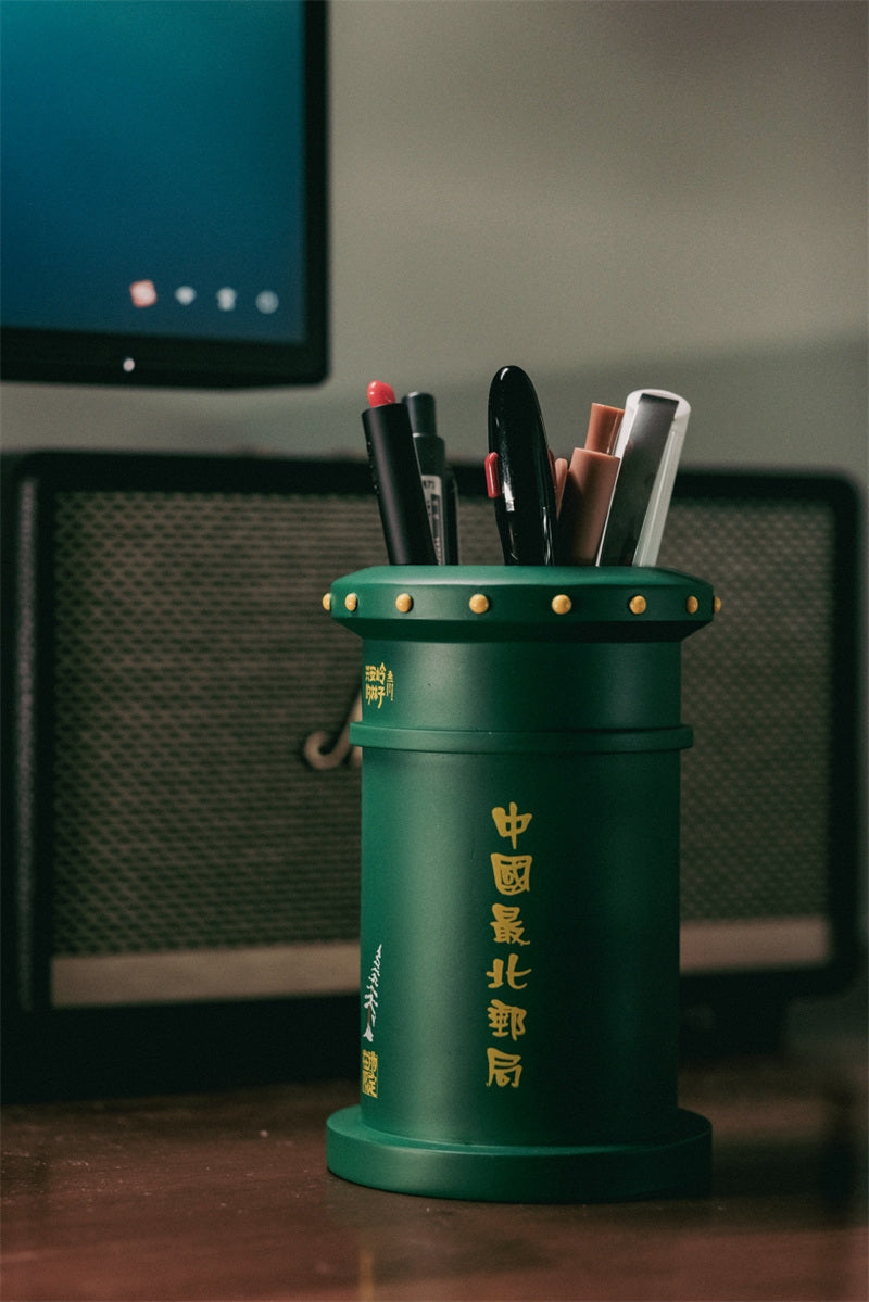 Creative Chinese Green Postal Mailbox Pen Holder: Unique Desk Organizer